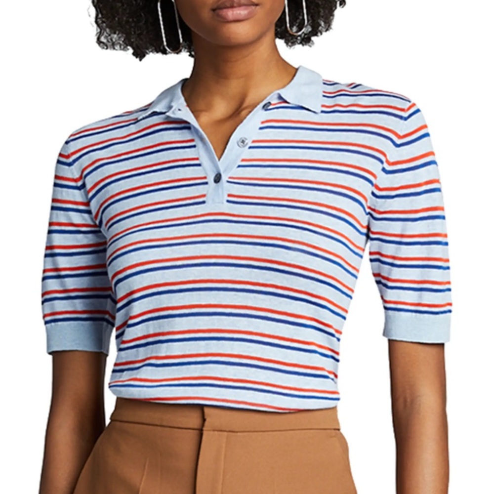 KULE Light Blue Polo Tee with Red & Royal Blue Stripes